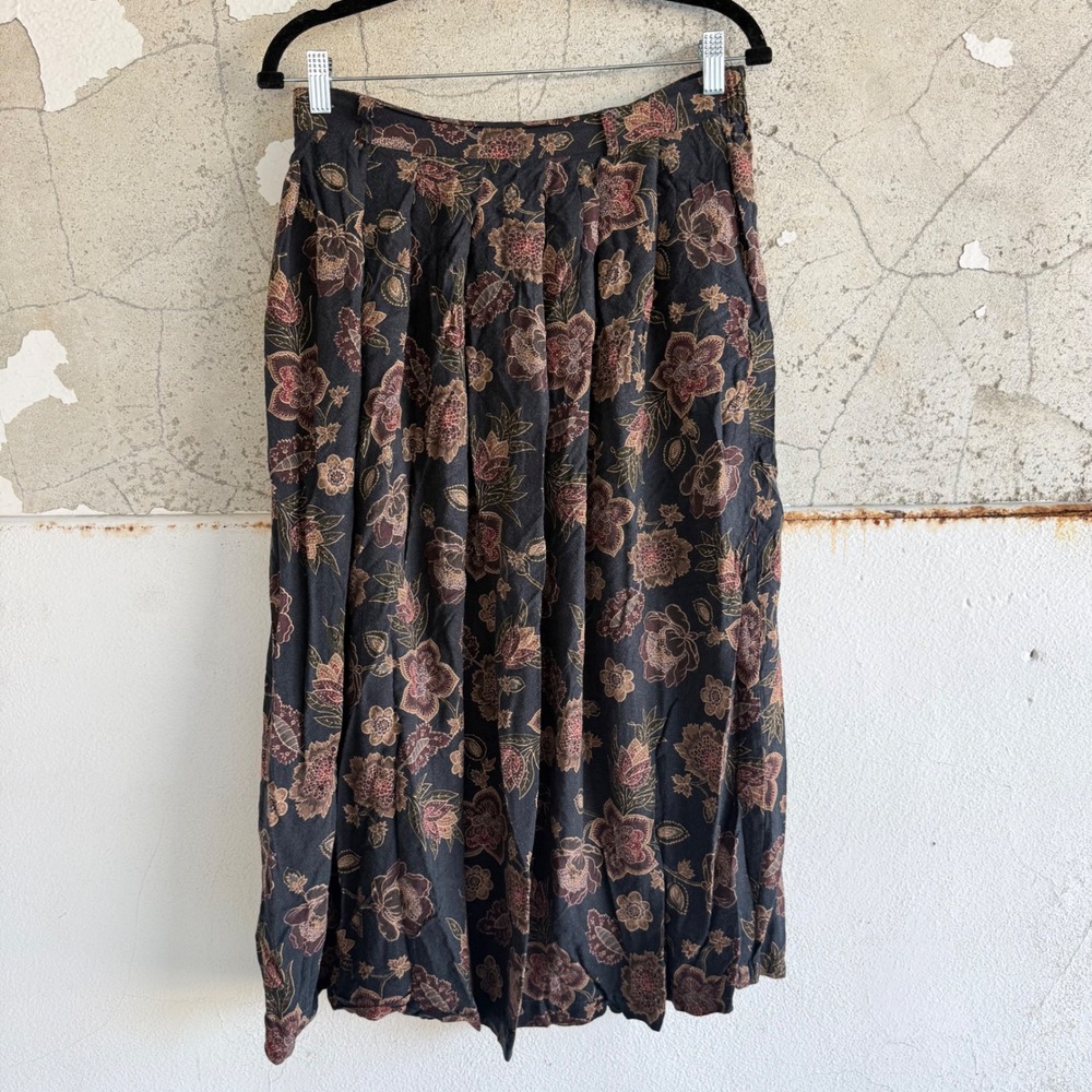 Vintage Midi Skirt Dark Floral Pleated Pockets Dark Academia 90s Cottagecore M